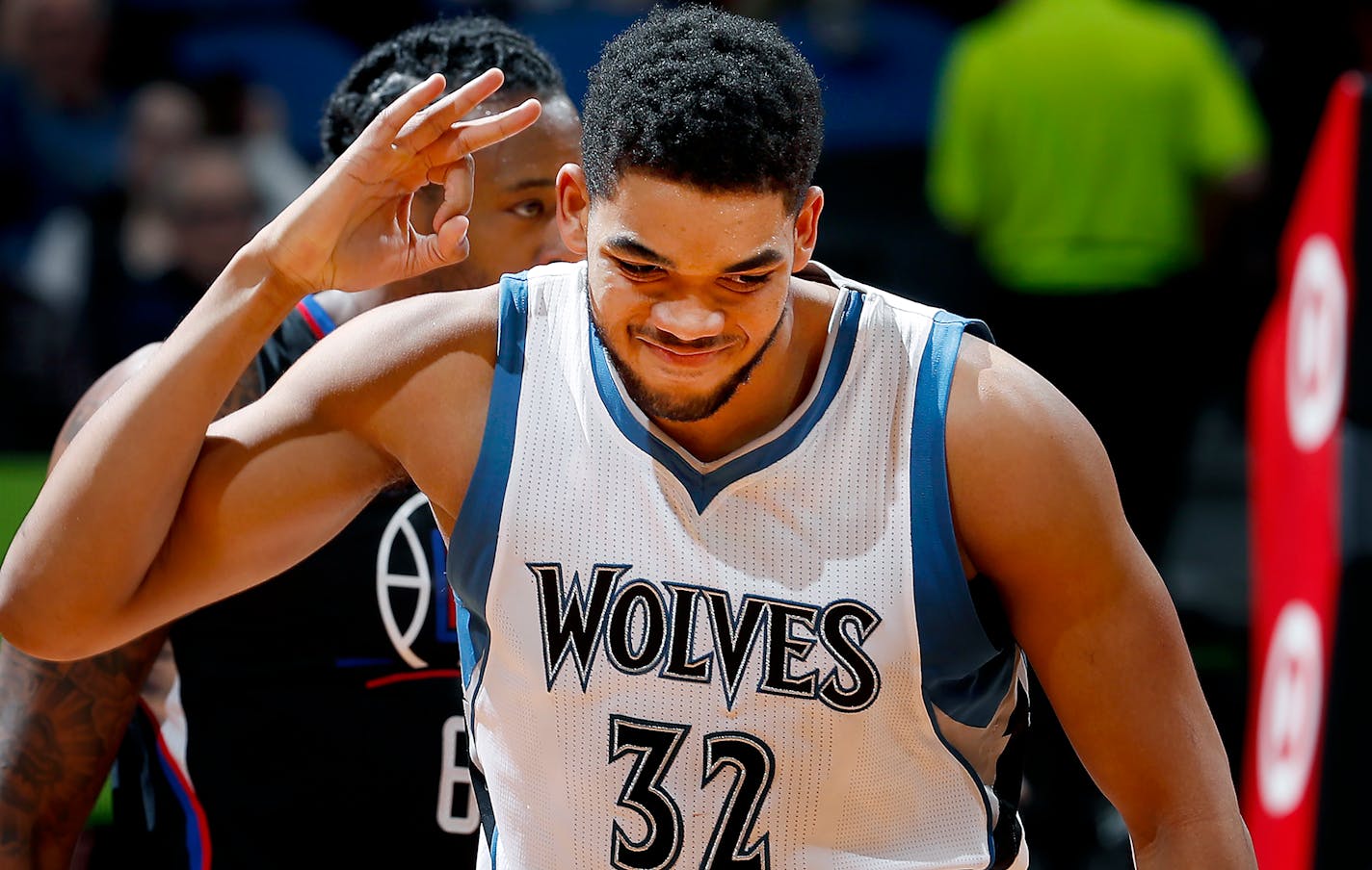 Karl Anthony Towns (32) celebrated after making a three pointer in the fourth quarter. ] CARLOS GONZALEZ � cgonzalez@startribune.com - March 8, 2017, Minneapolis, MN, Target Center, NBA Basketball, Minnesota Timberwolves vs. Los Angels Clippers