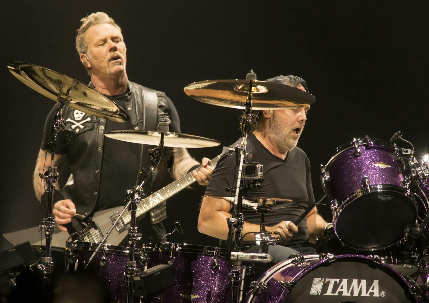 James Hetfield, left, and Lars Ulrich of the band Metallica perform in concert during their "WorldWired Tour" at The Wells Fargo Center on Thursday, Oct. 25, 2018, in Philadelphia. (Photo by Owen Sweeney/Invision/AP) ORG XMIT: INVW