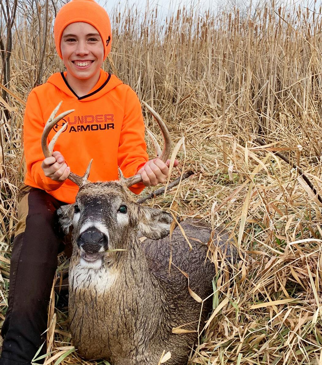 Jack Adams, 13, of Plymouth bagged this eight-point buck while it was loping across public land in western Minnesota. Jack was hunting beside his grandfather, John Adams of Monticello, when he made the shot. It was a memorable opening day of the firearms season.