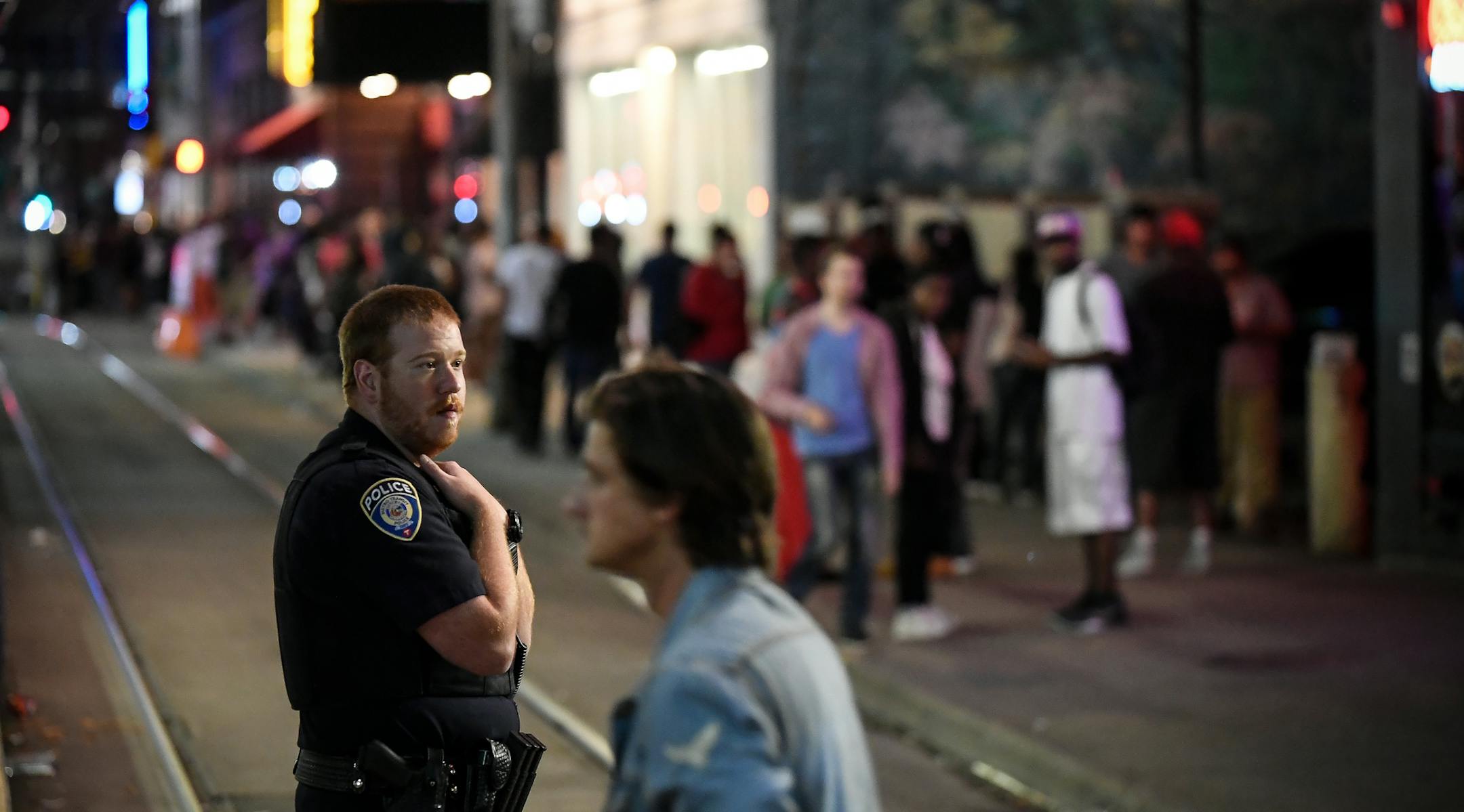 A Minneapolis Police officer looked for trouble after closing time along 5th Street near Hennepin Avenue. ] AARON LAVINSKY ï aaron.lavinsky@startribune.com The issue of downtown crime issue will likely spill into the mayoral race in Minneapolis. Will Betsy Hodges' downtown safety plan improve quality of life on Hennepin Avenue? Or can Tom Hoch, longtime theater district and downtown leader, make it into a campaign issue? Even if statistics show that downtown crime is more perception than re