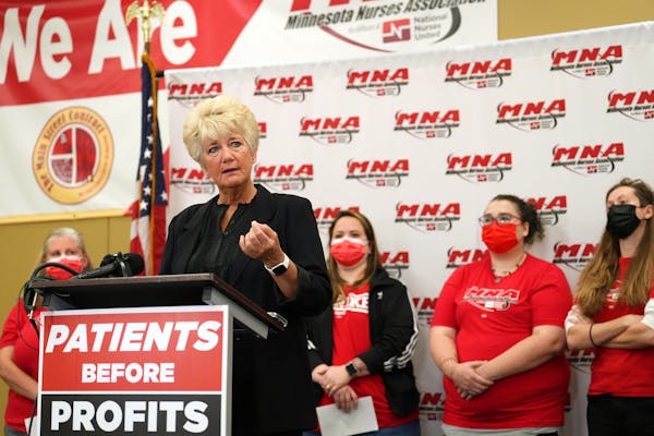 Mary Turner, president of the Minnesota Nurses Association, spoke Thursday in St. Paul about the next steps in the association’s contract negotiatio