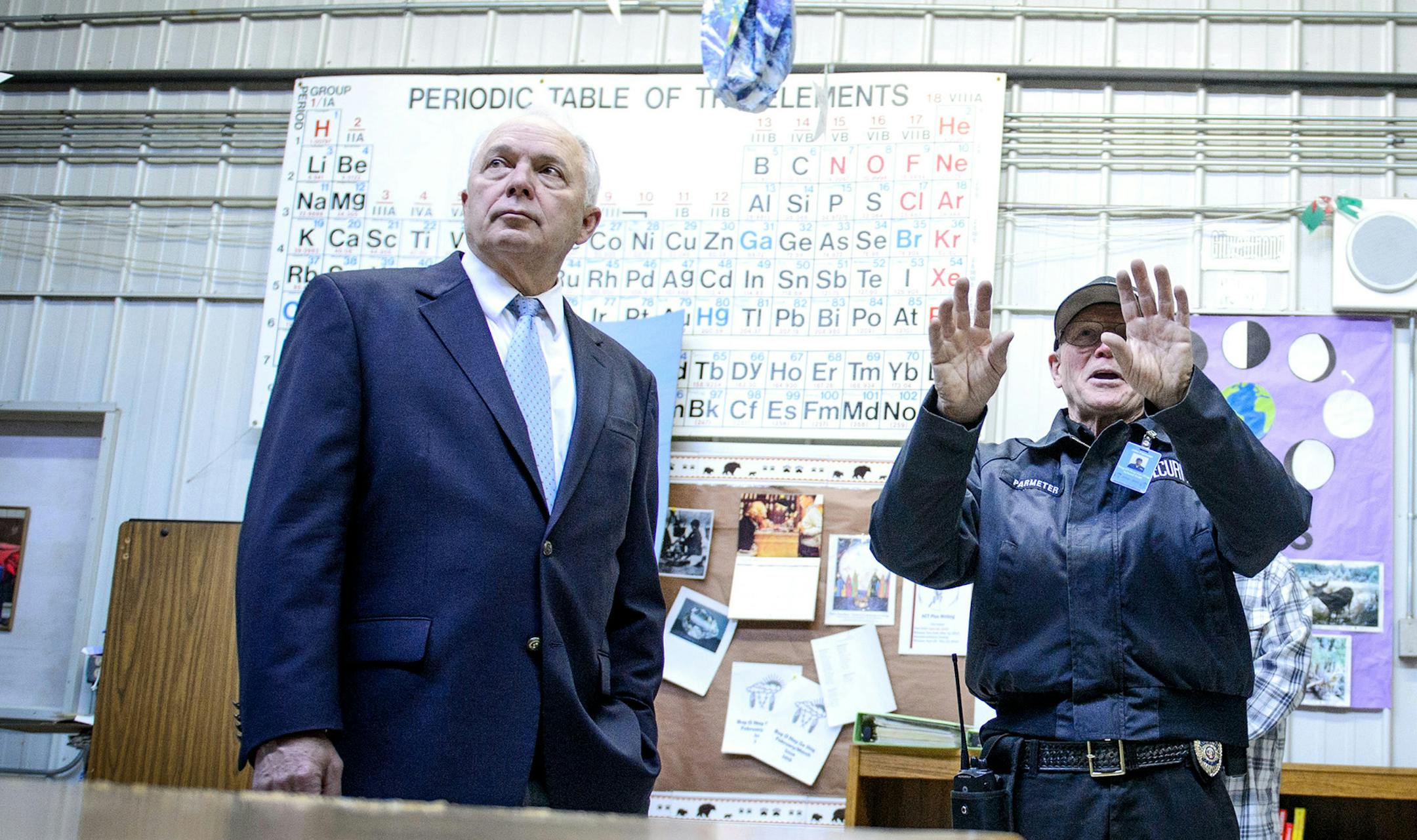 School safety and security officer John Parmeter showed Rep John Kline and Rep. Rick Nolan around a science classroom in a building that was once used for a vocational auto body shop and never intended to be used as classroom space. The building has a leaky roof, poor insulation and an overburdened electrical system. ] GLEN STUBBE * gstubbe@startribune.com Wednesday, April 8, 2015 Rep. John Kline and Rep. Rick Nolan visited the Bug-O-Nay-Ge-Shig school run by the Leech Lake Band of Ojibwe to try