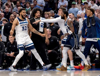 Karl Anthony Towns (32) of the Minnesota Timberwolves reacts after making a three pointer in the fourth quarter of Game 4 of the NBA Western Conferenc