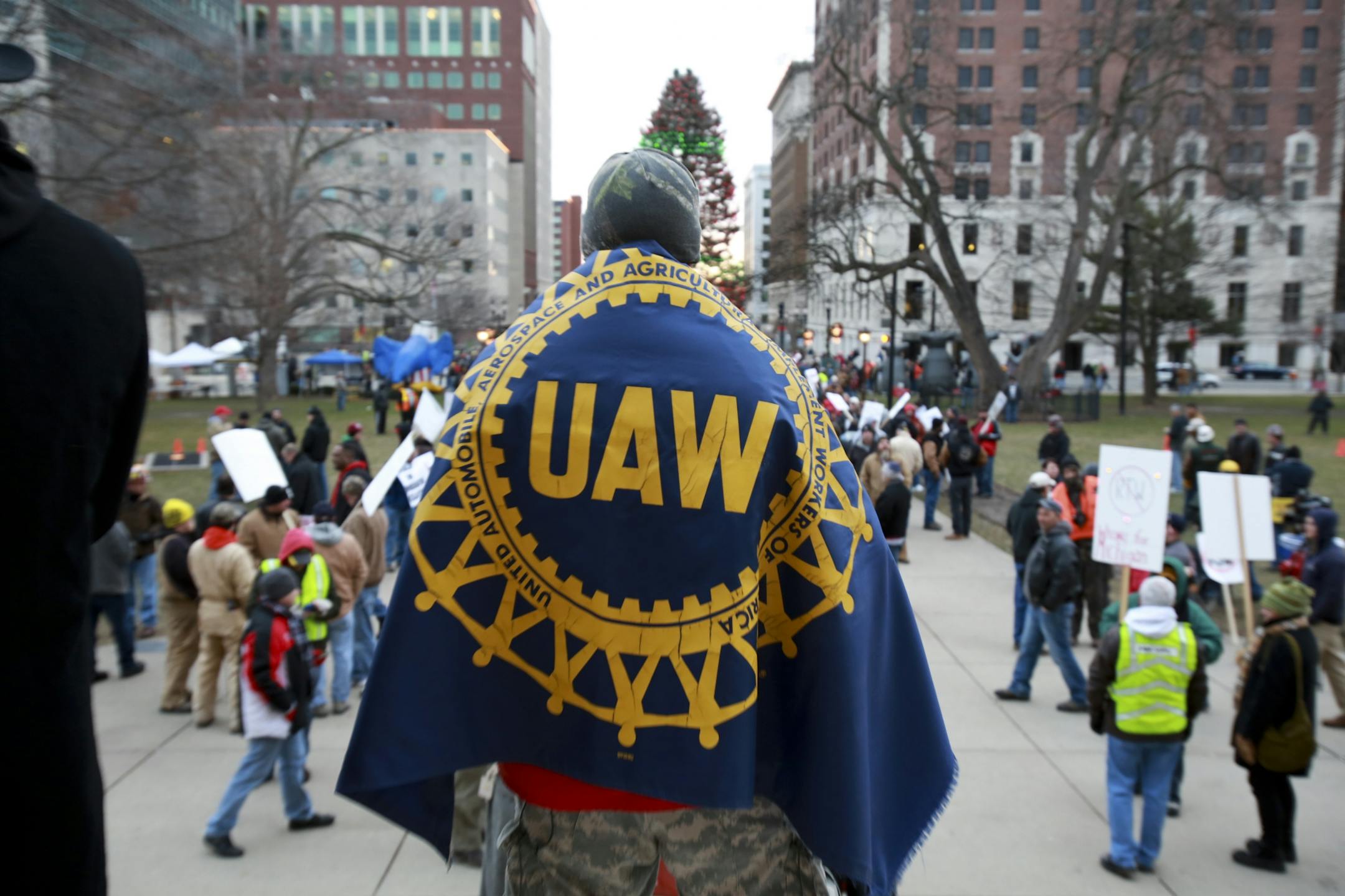 Jake Jacobson, a UAW local 652 member, during a protest on a set of proposed union limits outside the Michigan Capitol in Lansing, Mich.