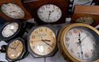 A selection of vintage clocks are displayed at Electric Time Company in Medfield, Mass. Most of America “springs forward” on Sunday.