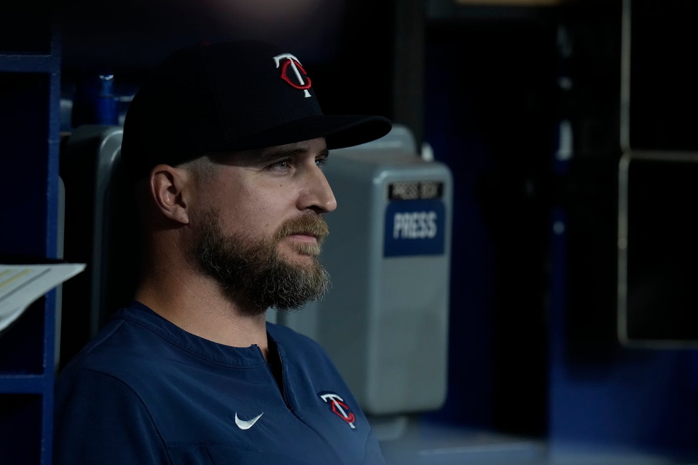 Minnesota Twins manager Rocco Baldelli during the first inning of a baseball game against the Tampa Bay Rays Friday, April 29, 2022, in St. Petersburg, Fla. (AP Photo/Chris O'Meara)