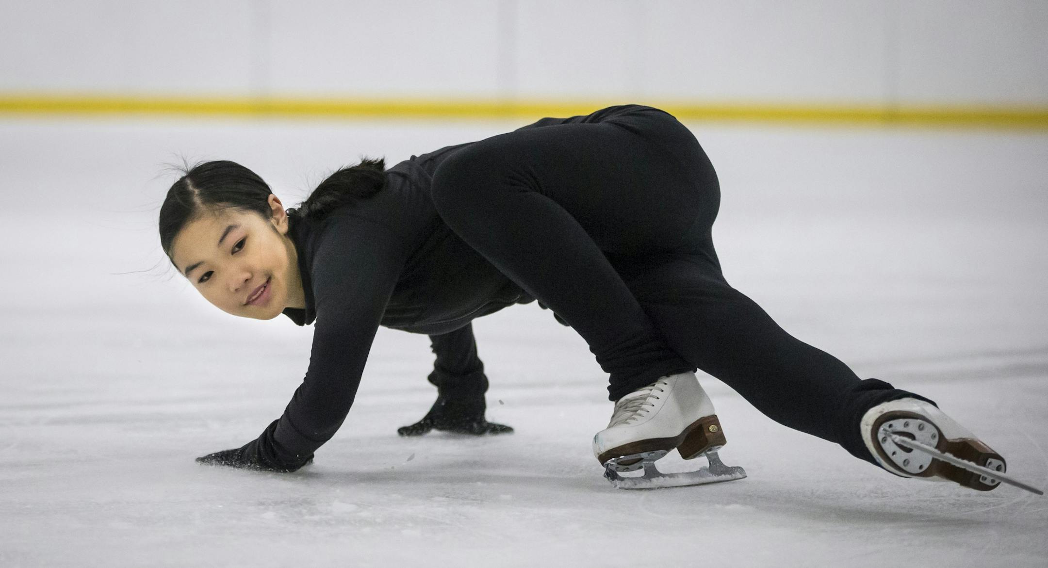 Kathleen Martinus, 13, is one of 80 local figure skaters who will take the ice for opening ceremonies of the U.S. Figure Skating Championship in St. Paul. Next year, her goal is to be at Nationals as a competitor. She was photographed "hydroblading" during practice on Friday, January 15, 2015, in St. Paul, Minn. ] RENEE JONES SCHNEIDER • reneejones@startribune.com
