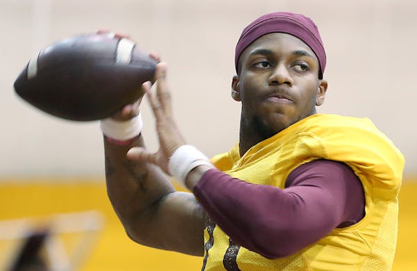 Gophers quarterback Demry Croft took to the practice field at the Gibson-Nagrski Football Complex at the U of M, Thursday, April 7, 2016 in Minneapoli