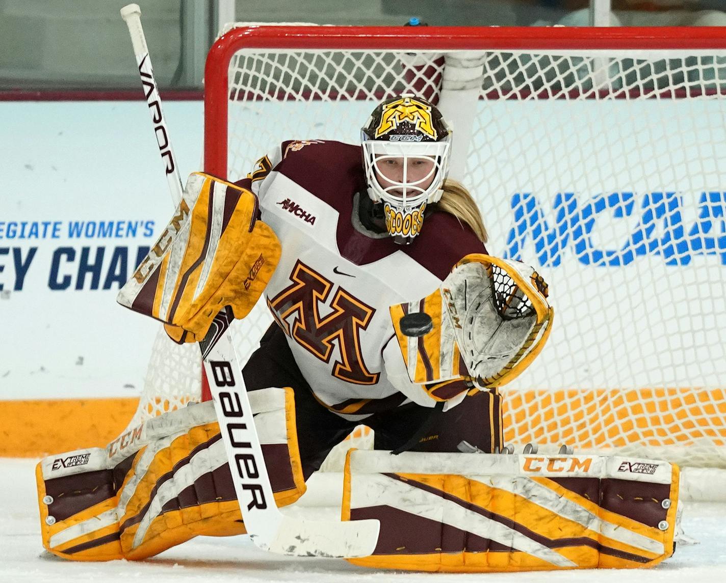 Minnesota Golden Gophers goaltender Sydney Scobee (37) went down to make a save in the first period. ] ANTHONY SOUFFLE &#x2022; anthony.souffle@startribune.com The Minnesota Golden Gophers played the Princeton Tigers in an NCAA quarterfinal women's hockey game Saturday, March, 16, 2019 at Ridder Arena in Minneapolis.