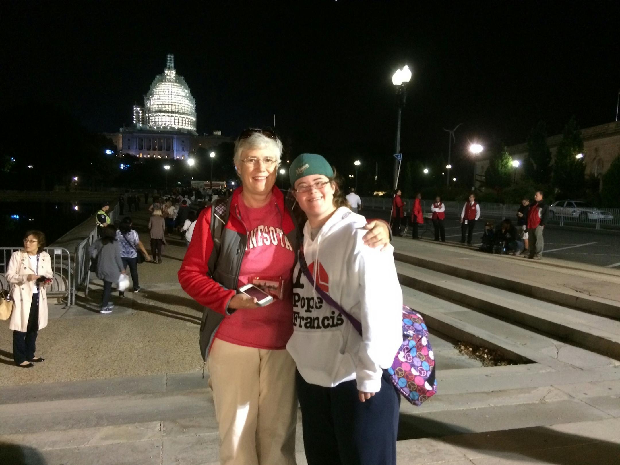 Marie and Sara Kirgin of St. Cloud arrived four hours early Thursday in Washington to get a good spot for viewing Pope Francis' speech.