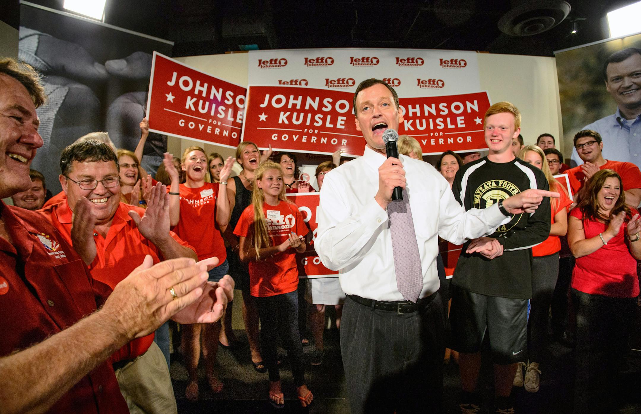 Jeff Johnson was cheered by supporters as he gave his victory speech at Digby's restaurant in Plymouth Tuesday night. ] Tuesday, August 12, 2014. GLEN STUBBE * gstubbe@startribune.com