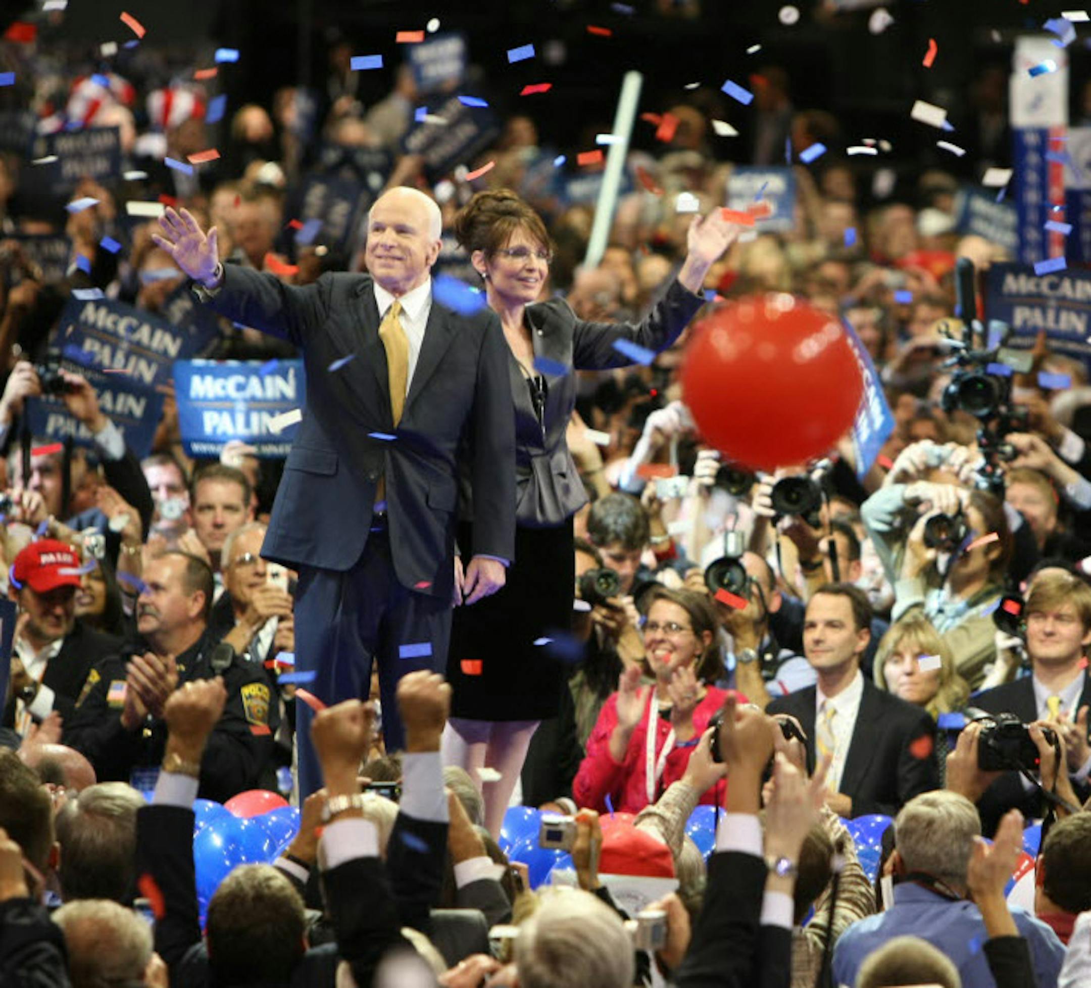 John McCain and Sarah Palin at the end of McCain's speech Thursday night.