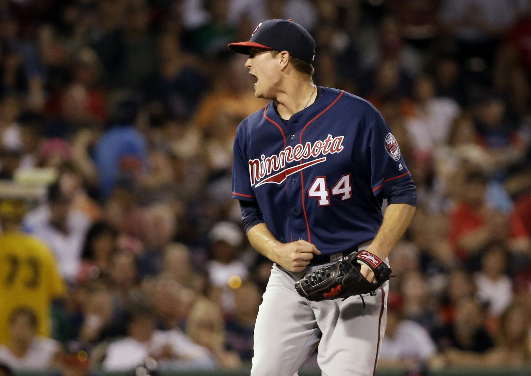 Minnesota Twins starting pitcher Kyle Gibson shouts after striking out Boston Red Sox's Hanley Ramirez to end the seventh inning of a baseball game at Fenway Park, Friday, July 22, 2016, in Boston. (AP Photo/Elise Amendola)