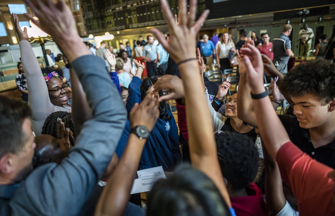 Participants celebrated their experience with jubilation at the end of the evening. ] 2019 Silicon North Stars Minnesota Demo Day features 24 students who pitch their ideas on how to solve a pressing social problem affecting their lives by using innovative technology. RICHARD TSONG-TAATARII &#xa5; richard.tsong-taatarii@startribune.com