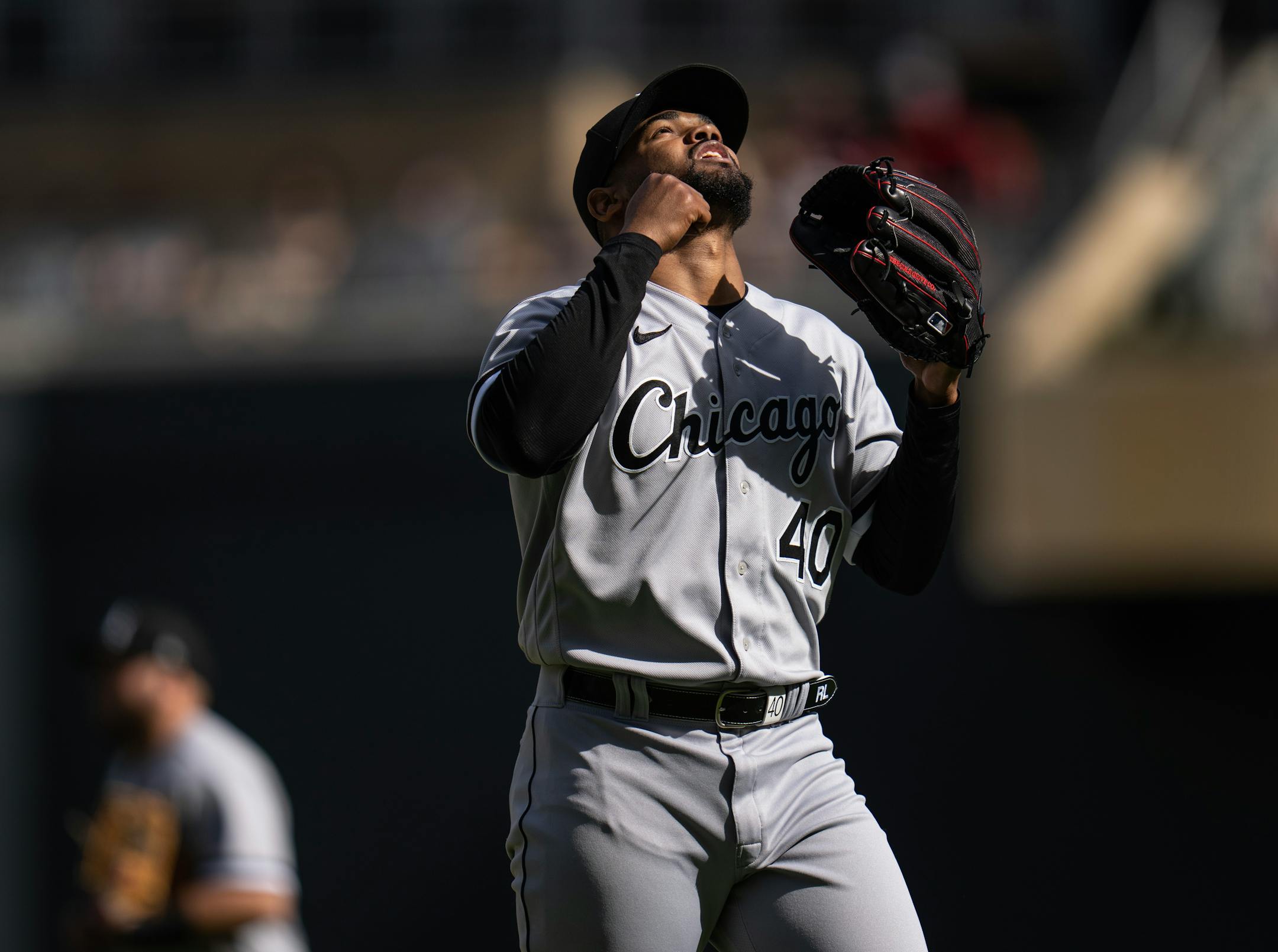 Chicago White Sox relief pitcher Reynaldo Lopez celebrates after Minnesota Twins second baseman Donovan Solano grounded out to end the game.