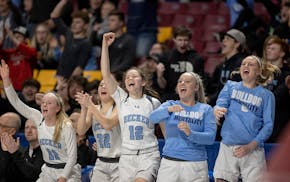 Becker's bench celebrated a three-point shot against Waconia during their match up in the Class 3A girls' basketball semifinals