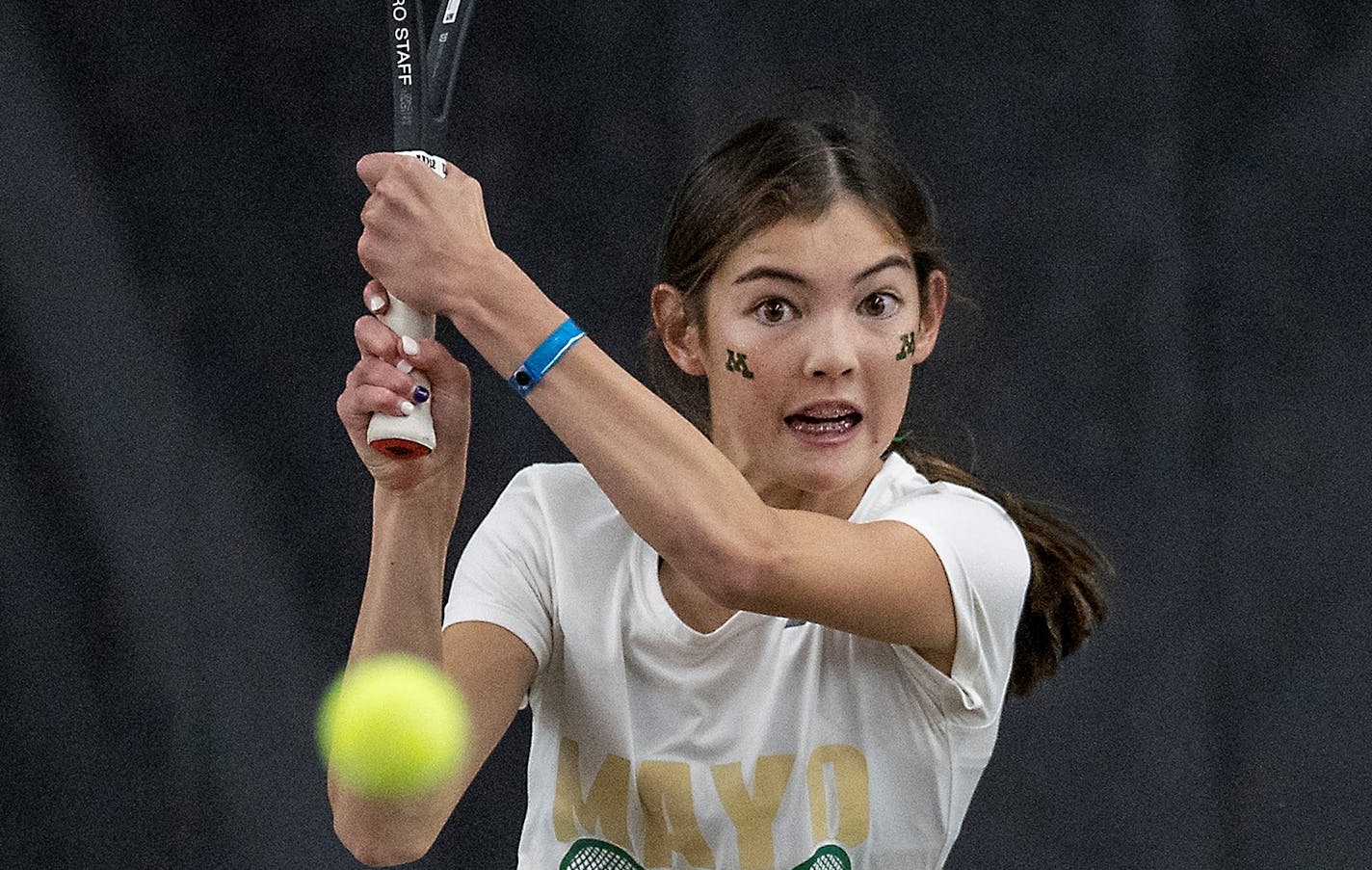 Mayo's Claire Loftus took on Bemidji's Savannah Haugen in the singles match-up in the Class 2A quarterfinals of the girls' tennis state tournament at the Baseline Tennis Center, Tuesday, October 26, 2021 in Minneapolis, MN. ] ELIZABETH FLORES • liz.flores@startribune.com