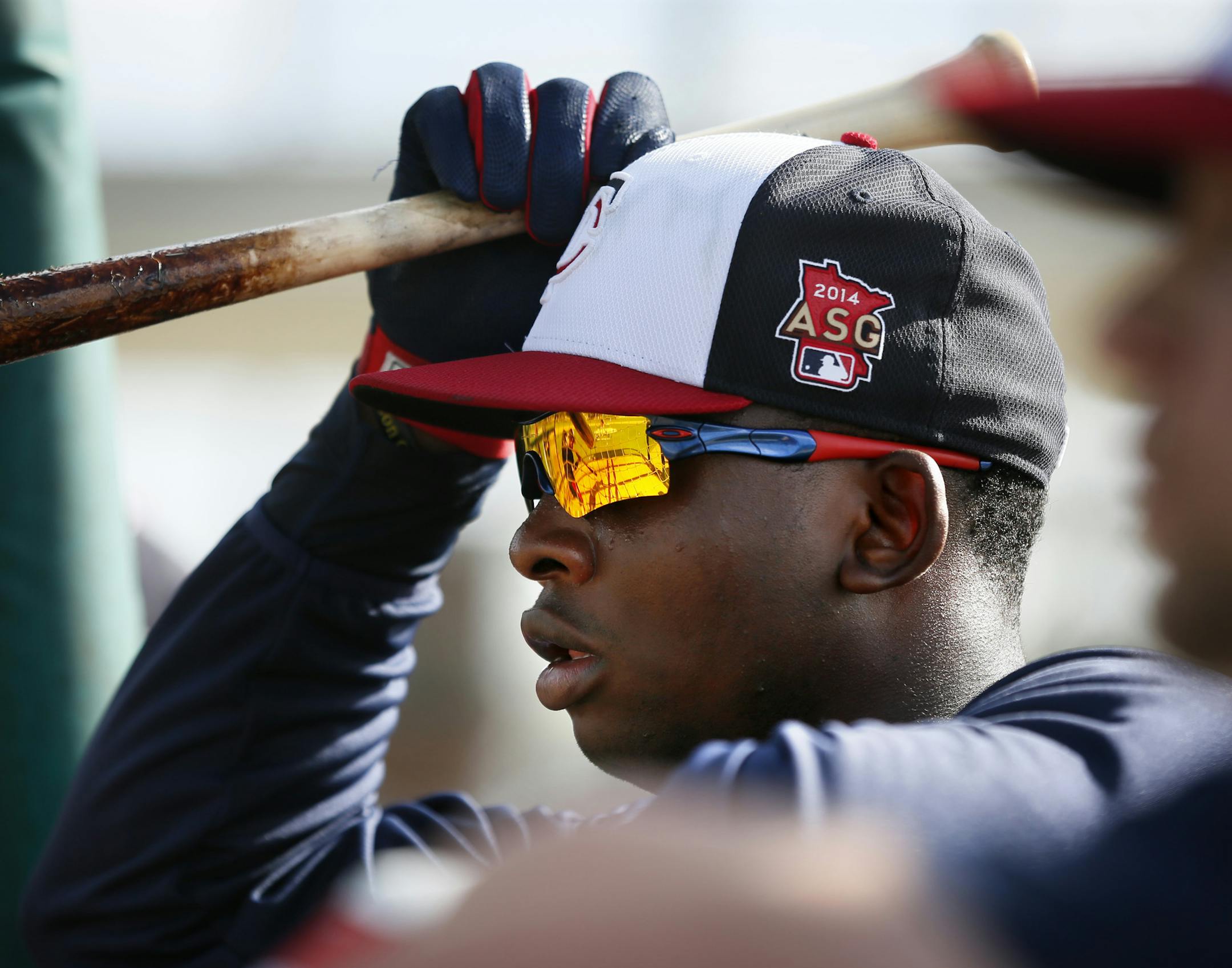 Miguel Sano a power hitting prospect for the Minnesota Twins waited too hit during practice Friday Feb 21. 2014 in Fort Myers, Florida at Lee County Sports Complex. Note these photos go with Jim Souhan Sunday story and should not be used in the daily photo gallery .] JERRY HOLT jerry.holt@startribune.com Jerry Holt