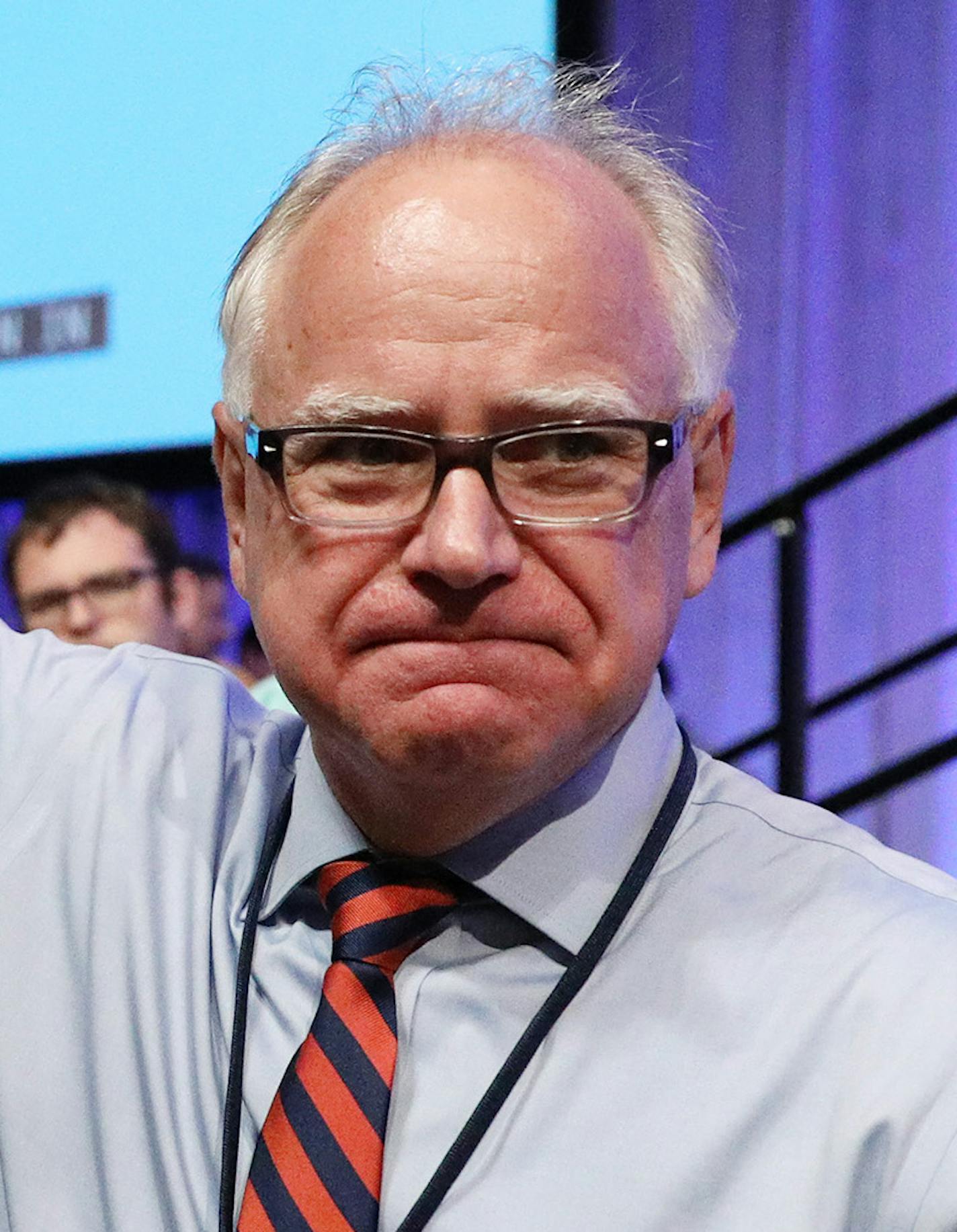 Gubernatorial candidate Tim Walz pumped his fist on the convention floor after several rounds of voting for gubernatorial endorsement during the DFL State Convention Saturday.] ANTHONY SOUFFLE &#xef; anthony.souffle@startribune.com Democrats from around the state gathered for the second day of the DFL State Convention to choose their party's nominees Saturday, June 2, 2018 at the Mayo Civic Center in Rochester, Minn.