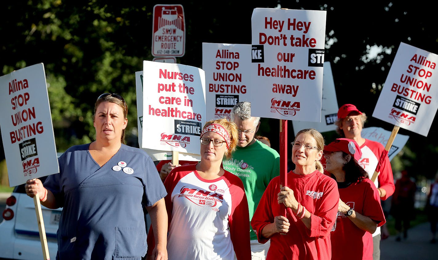 Nurses on strike made their way around Abbott Northwestern Hospital on Sept. 5 in Minneapolis.
