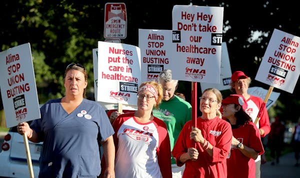 Nurses on strike made their way around Abbott Northwestern Hospital on Sept. 5 in Minneapolis.