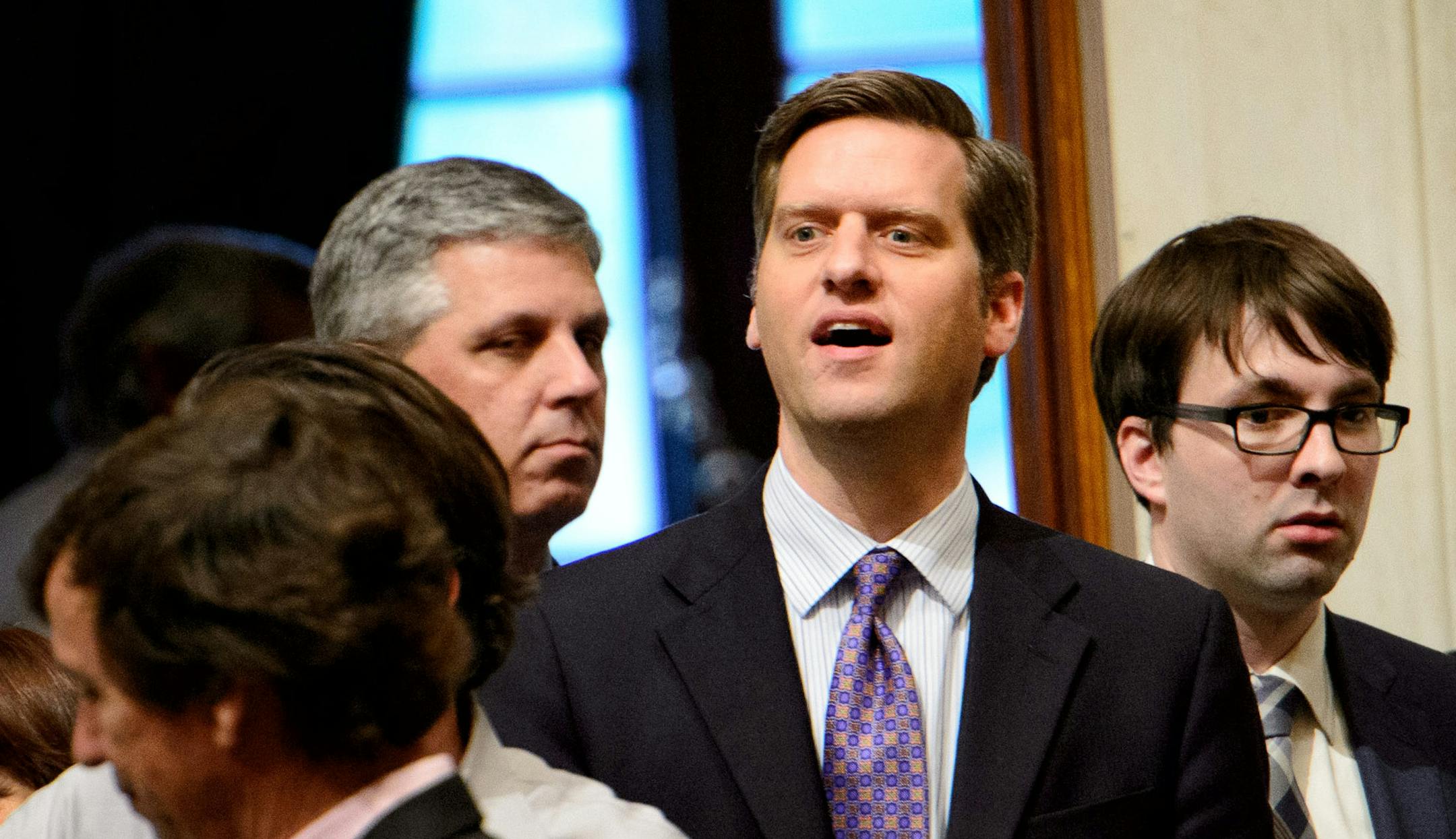 House Speaker Kurt Daudt, center came back into the House chamber after a long absence, meeting with others outside the chamber. ] GLEN STUBBE * gstubbe@startribune.com Monday, May 18, 2015