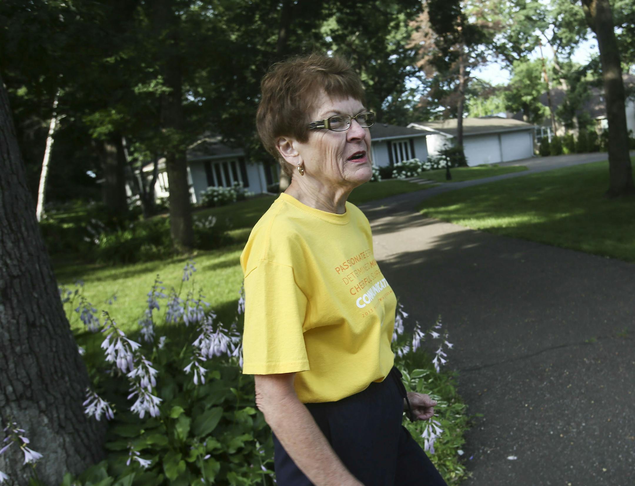 Joan Monson out on her daily walk Thursday, July 24, 2014, in Golden Valley, MN.] (DAVID JOLES/STARTRIBUNE) djoles@startribune On the day her husband was buried, Joan Monson went for a walk. There was nothing unusual about that. On the contrary, it would have been unusual had she not. Monson has walked three miles a day every day for 20 years, in the process walking through rain, snow, a polar vortex, heat waves and even heartbreak.