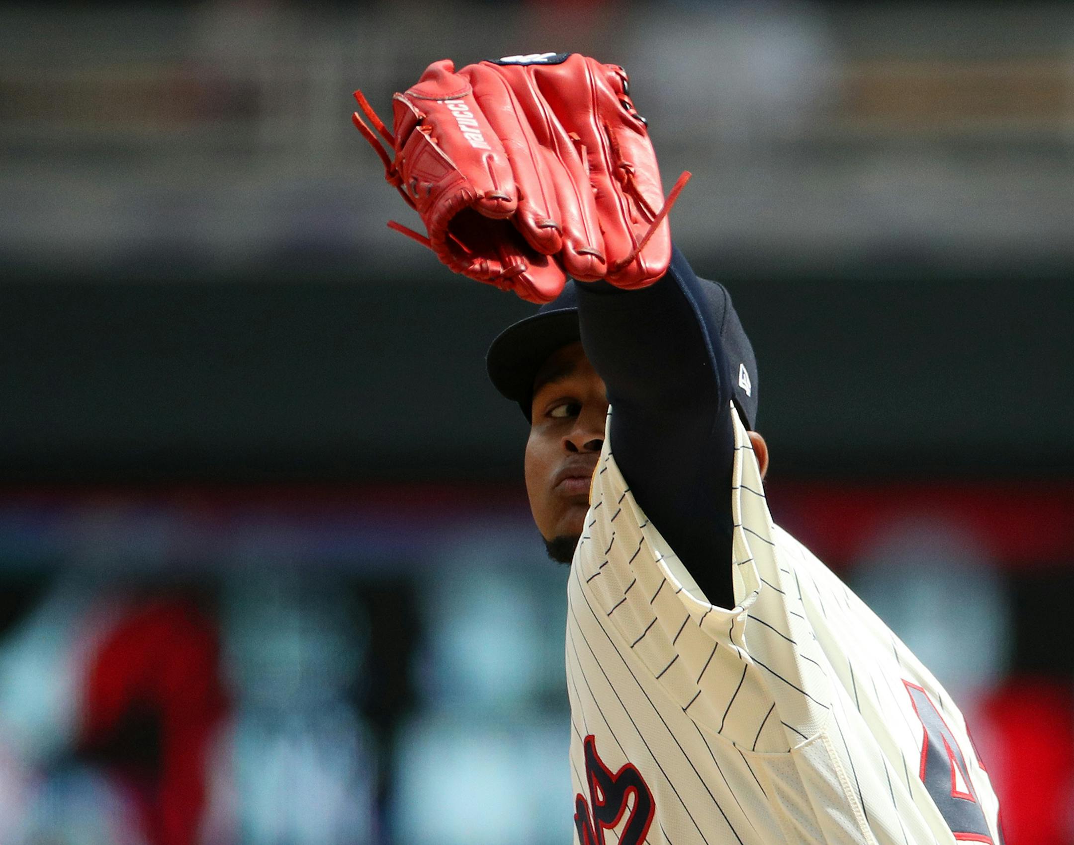 Minnesota Twins starting pitcher Ervin Santana (54) delivered a pitch in the fourth inning. ] ANTHONY SOUFFLE ï anthony.souffle@startribune.com Game action from an MLB game between the Minnesota Twins and the Chicago White Sox Saturday, April 15, 2017 at Target Field in Minneapolis. All players on both teams wore number 42 in honor of Jackie Robinson Day. ORG XMIT: MIN1704151551510800