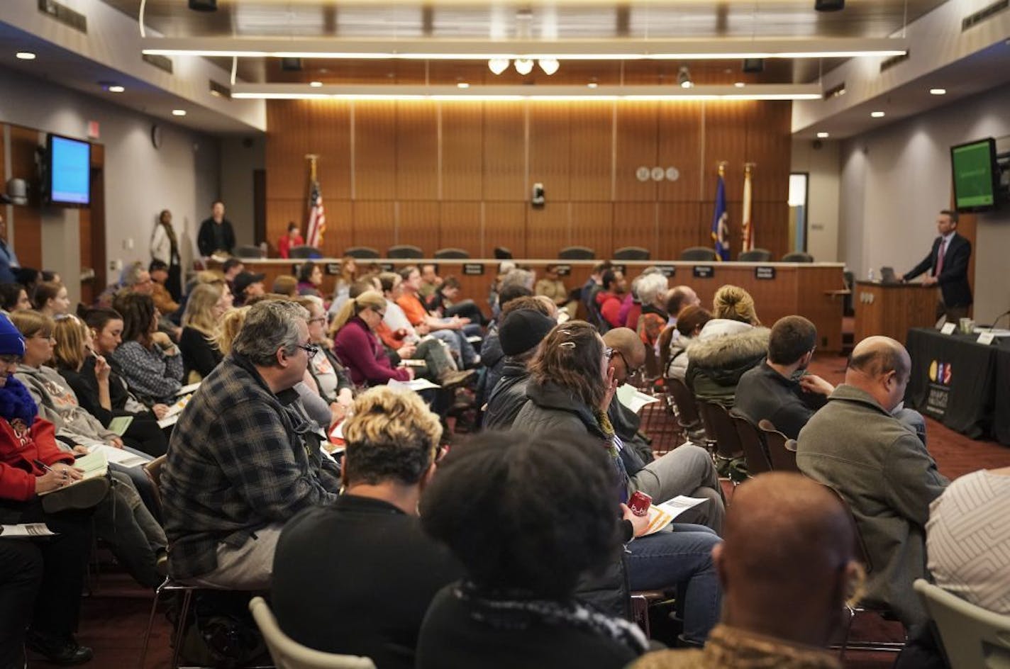 A packed room during a listening session on the Minneapolis school's massive restructuring plan at the district herald quarters in Minneapolis, Minn., on Wednesday, February 26, 2020. Families listened to a presentation by the district and were allowed to submit questions on cards to be read by a moderator.