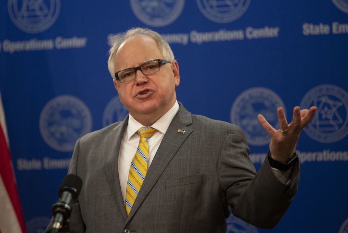 Minnesota Gov. Tim Walz provides an update on the state's response to COVID-19 at JBS Pork processing plant in Worthington, Minn. during a news conference on Friday, April 17, 2020.