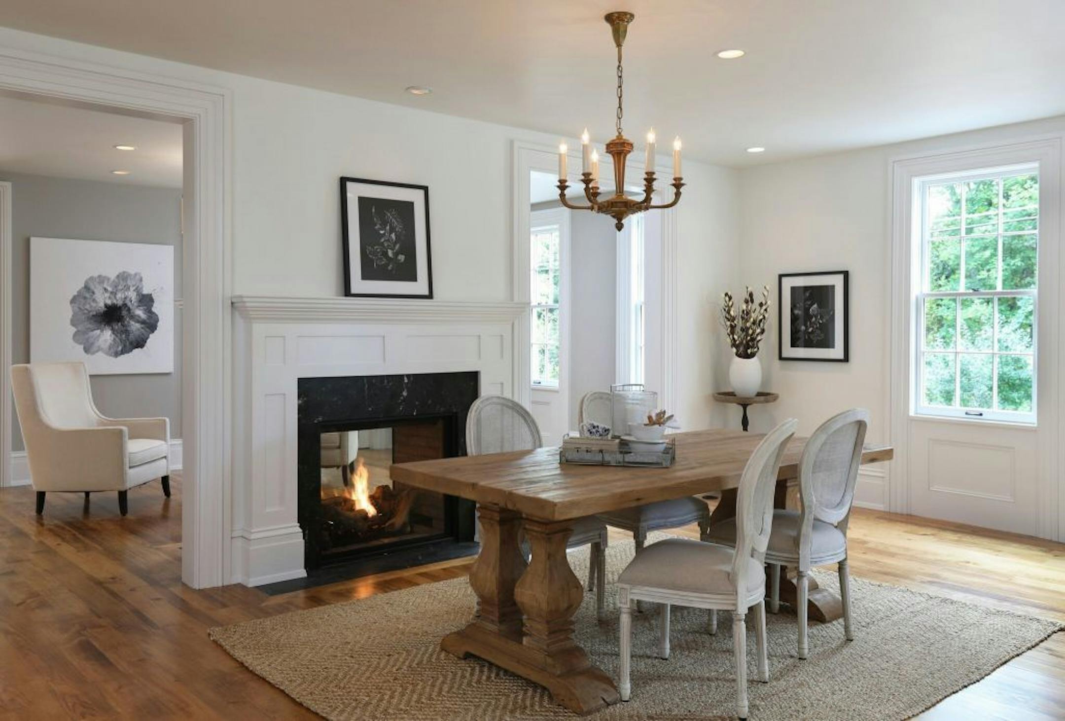 The dining area has a new fireplace.