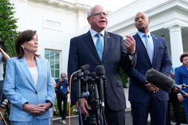 Minnesota Gov. Tim Walz speaks to reporters after meeting with President Joe Biden on Wednesday, July 3, 2024, at the White House. With him are New Yo