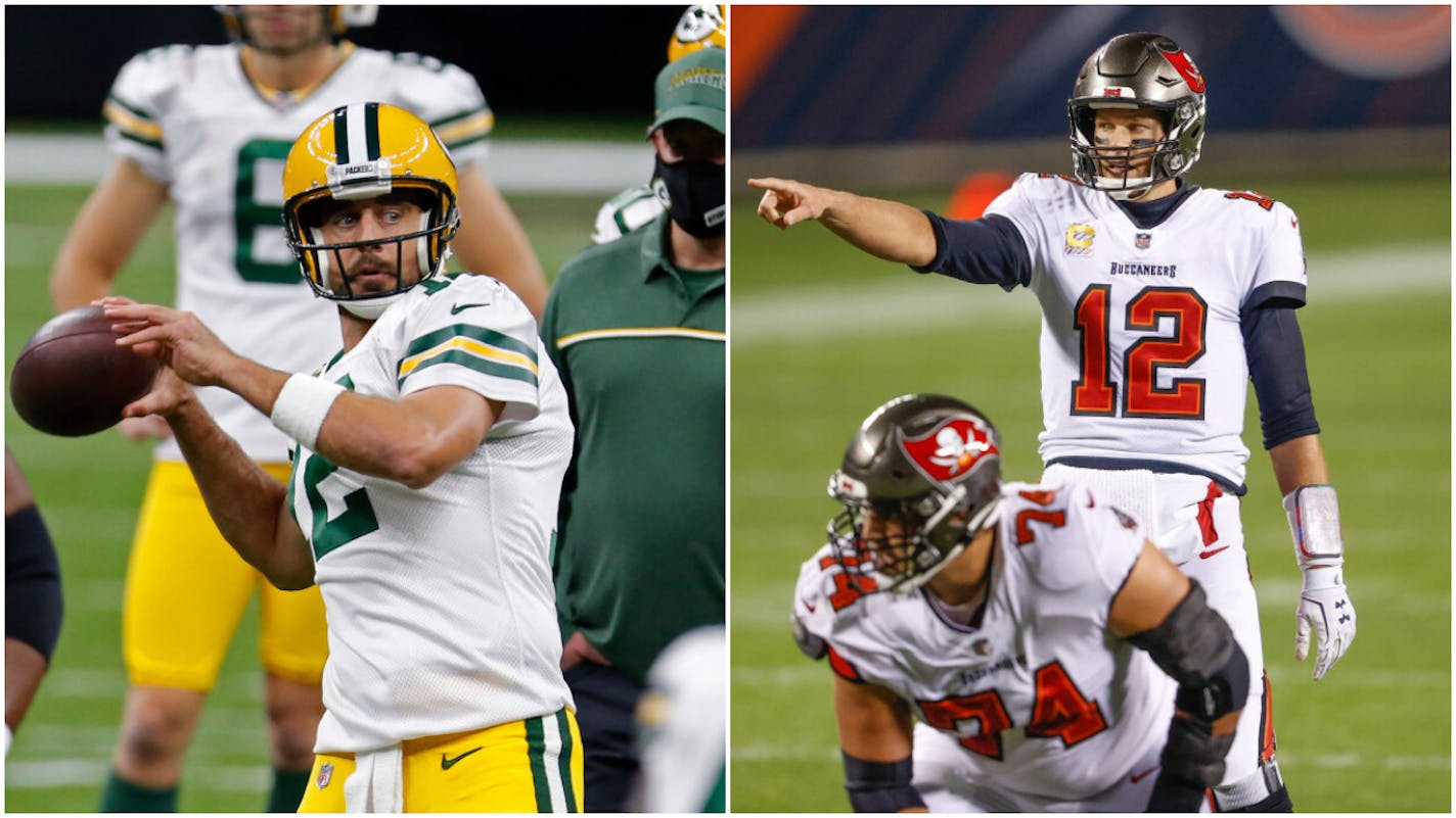 Aaron Rodgers of the Packers (left) and Tom Brady of Tampa Bay have split the first two meetings of their NFL careers. The third one is Sunday.