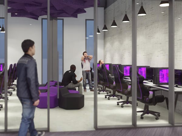 Members of Minnesota Røkkr will practice in this scrimmage room, shown in an architectural rendering, in an e-sports building now under construction 