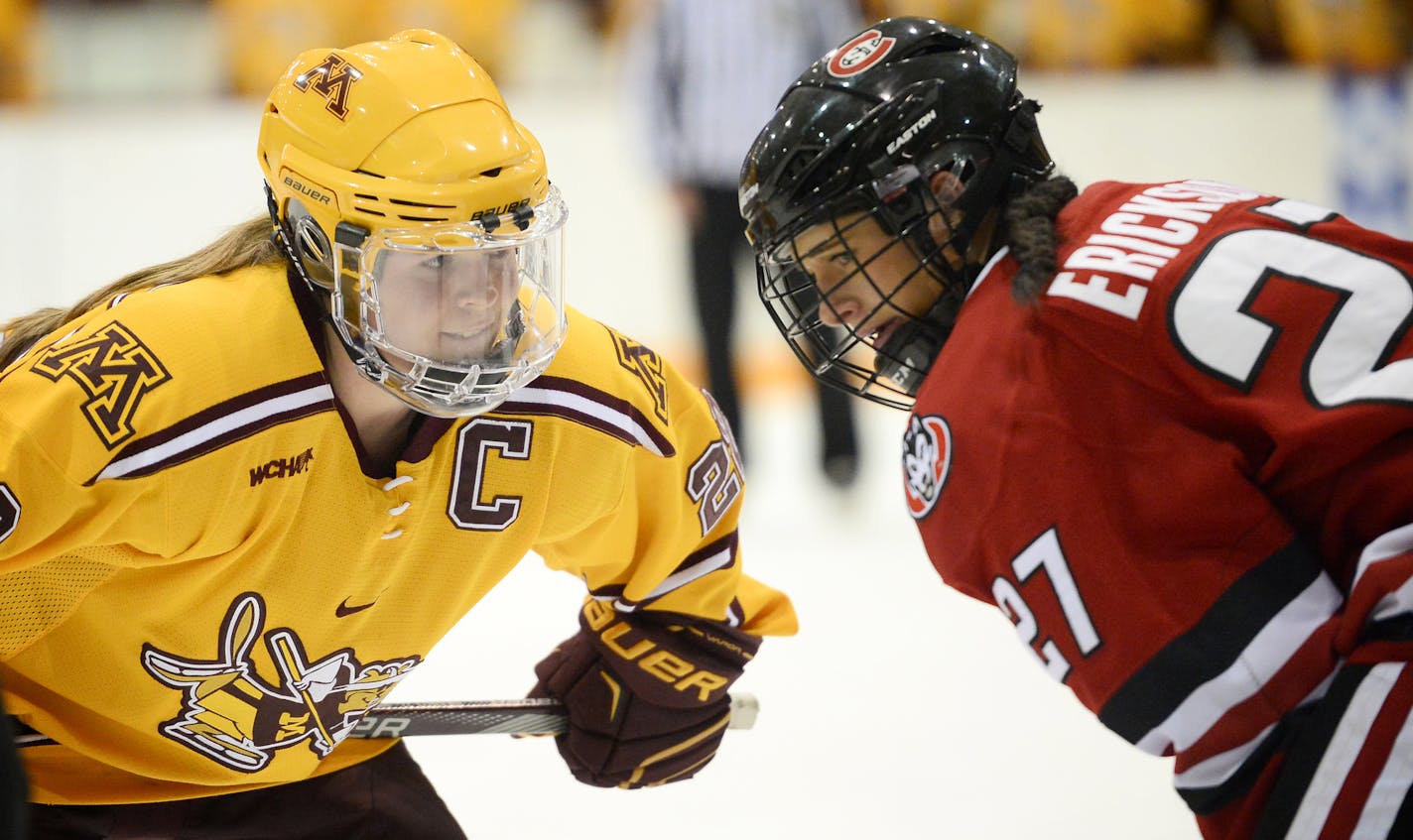 University of Minnesota center Hannah Brandt (22) faced off against St. Cloud State University center Alyssa Erickson in the second period. ] Aaron Lavinsky &#x2022; aaron.lavinsky@startribune.com The University of Minnesota Golden Gophers women's hockey team played the St. Cloud State University Huskies on Friday, Oct. 9, 2015 at Ridder Arena. ORG XMIT: MIN1510092202210334