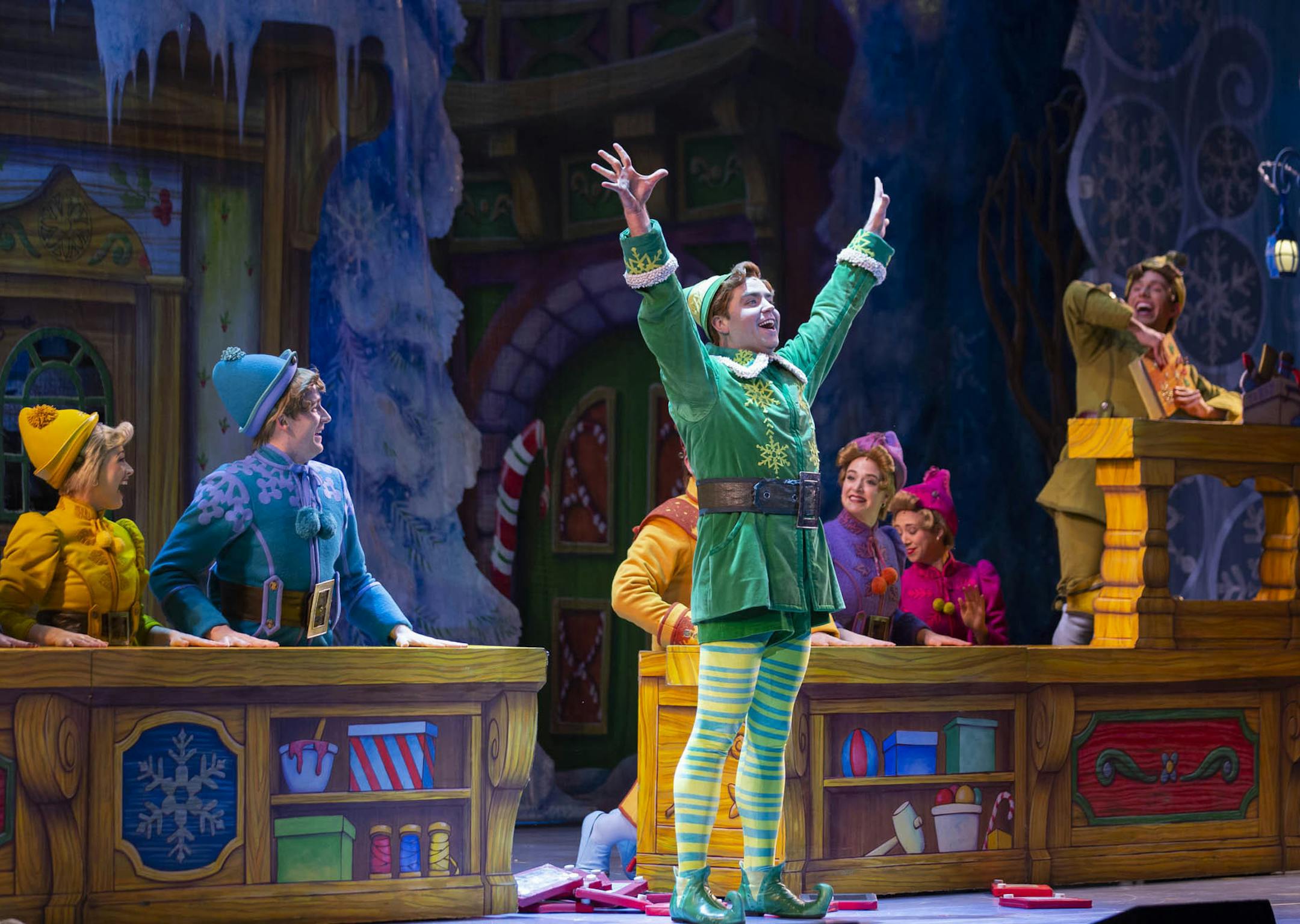 WORCESTER - Sam Hartley, playing Buddy the Elf, and members of the ensemble perform the song "Happy All The Time" from Elf The Musical at The Hanover Theater Wednesday November 29, 2018. Photo by Katherine Judd