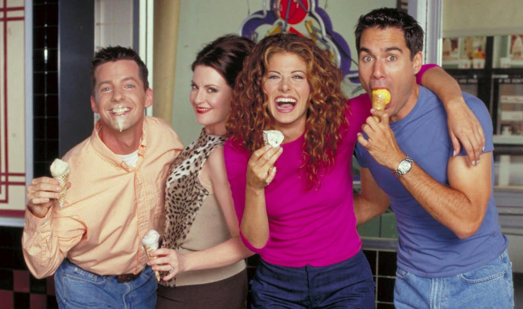 NBC113 7/18/2000 Thursdays on NBC (9-9:30 p.m. ET) -- WILL & GRACE -- NBC Series -- Pictured: Sean Hayes as Jack McFarland, Megan Mullaly as Karen Walker, Debra Messing as Grace Adler, Eric McCormack as Will Truman -- NBC Photo: Paul Drinkwater ORG XMIT: MIN2013100108364705