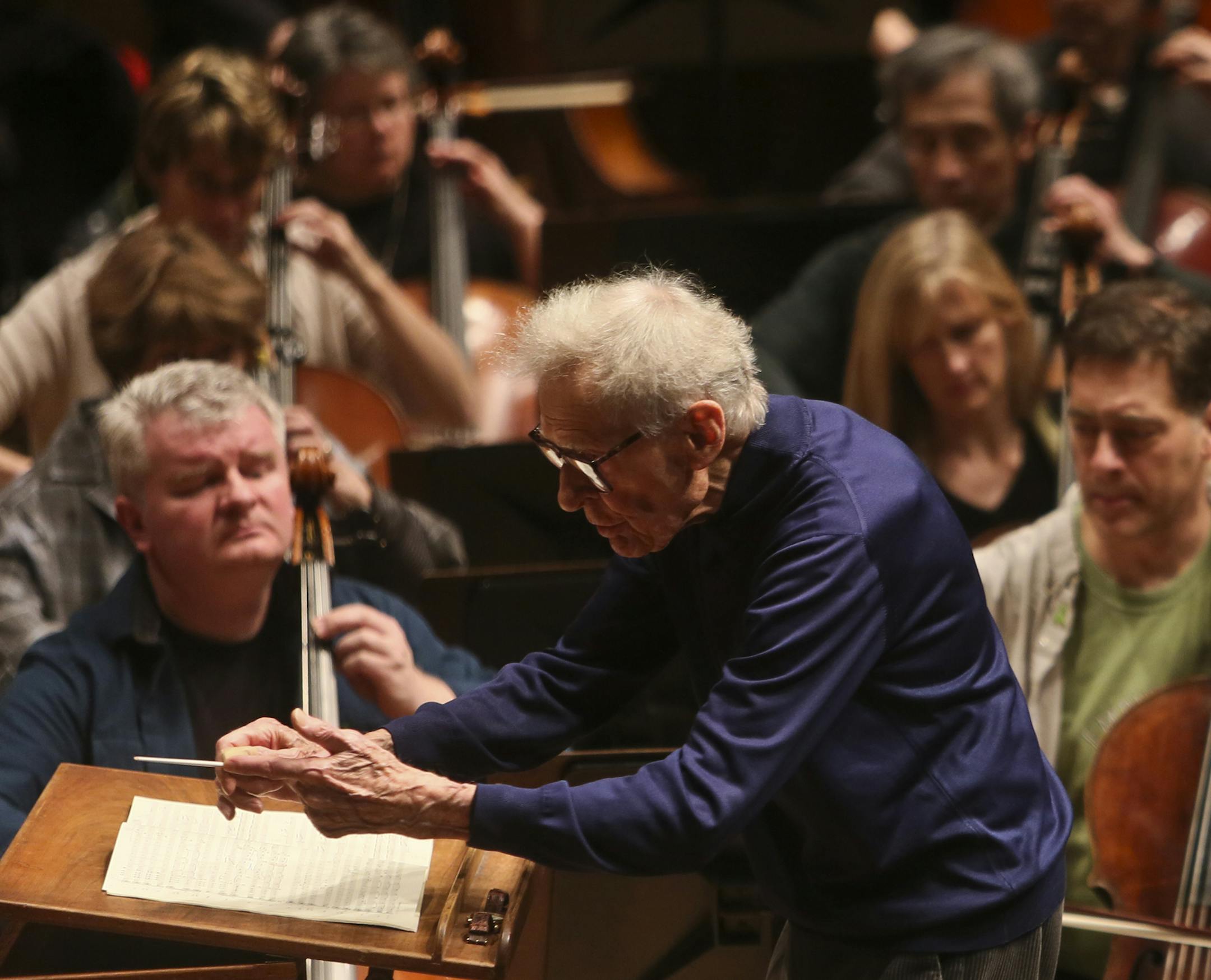 Musicians of the Minnesota Orchestra rehearsed Wednesday, Feb. 5, 2014, at Orchestra Hall for first time in more than 16 months, as they prepared for a homecoming concert at Orchestra Hall this coming Friday night in Minneapolis, MN. Here, conductor laureate Stanislaw Skrowaczewski led the string section during the rehearsal.](DAVID JOLES/STARTRIBUNE) djoles@startribune.com Musicians of the Minnesota Orchestra rehearsed Wednesday, Feb. 5, 2014, at Orchestra Hall for first time in more than 16 mo