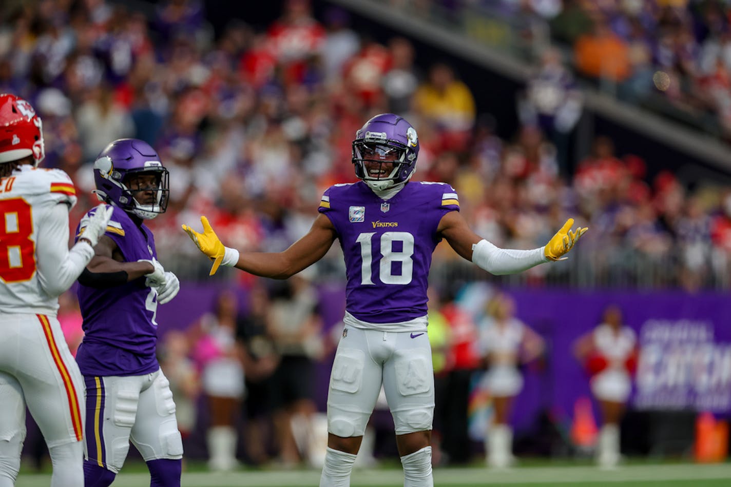 Minnesota Vikings wide receiver Justin Jefferson (18) reacts after a play against the Kansas City Chiefs during the first half of an NFL football game Sunday, Oct. 8, 2023 in Minneapolis. (AP Photo/Stacy Bengs)