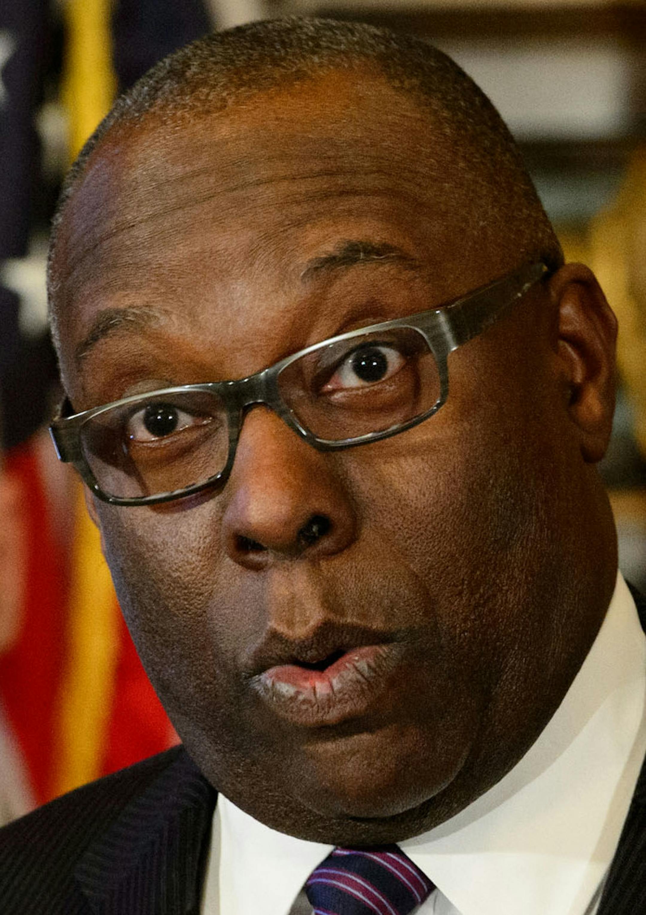 Governor Mark Dayton announced an organized campaign to convince the NFL to bring Super Bowl LII to Minnesota in 2018, Speaking is steering committee member Melvin Tennant of Meet Minneapolis, behind him is Vikings VP Lester Bagley. Monday, January 27, 2014 ] GLEN STUBBE * gstubbe@startribune.com