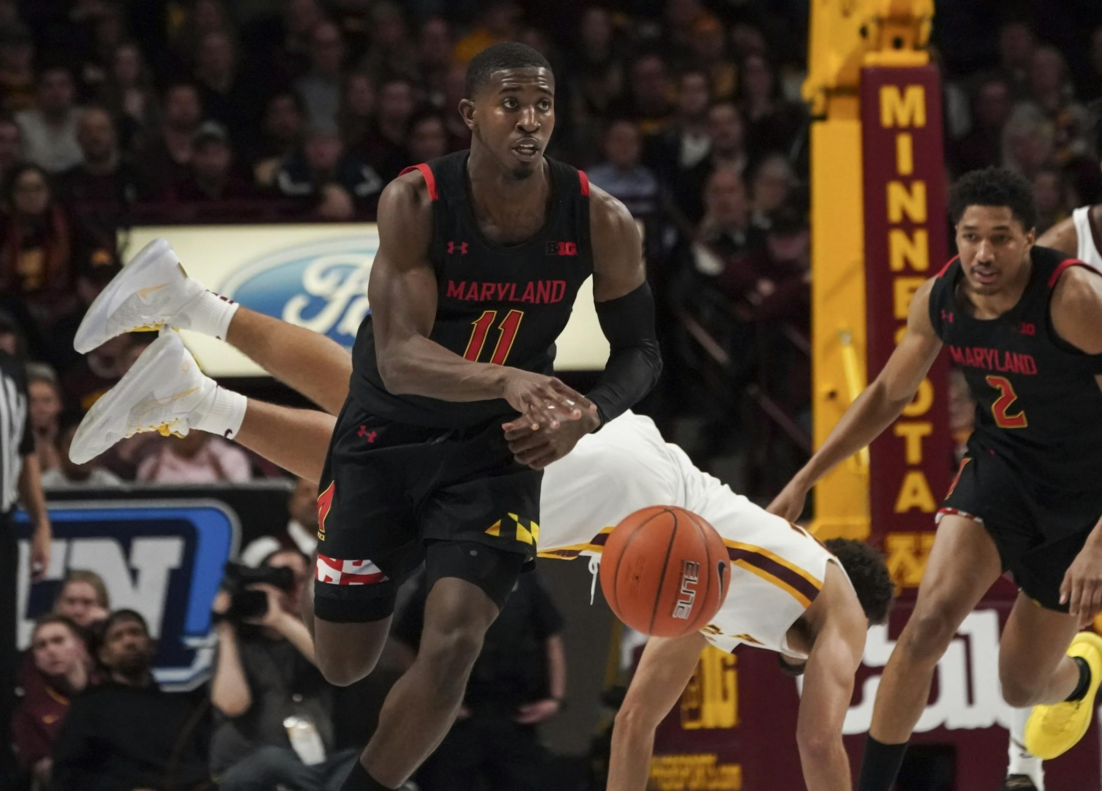 Maryland Terrapins guard Darryl Morsell (11) stole the ball to run down court and score in the second half.