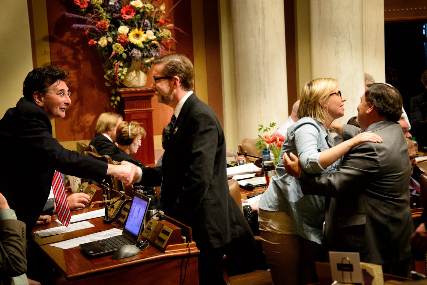 Medical Marijuana bill authors Sen. Scott Dibble and Rep. Rep. Carly Melin were congratulated after the medical marijuana bill passed the House. ] Friday, May 16, 2014 GLEN STUBBE * gstubbe@startribune.com