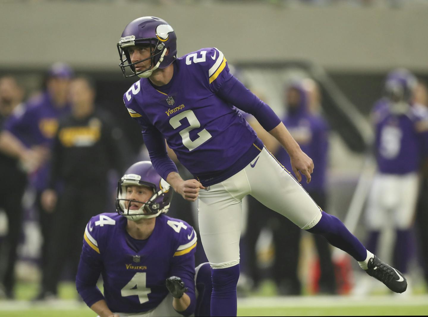 Minnesota Vikings kicker Kai Forbath (2) watches his 53-yard field goal lift the Vikings over the Cincinnati Bengals 17-0 in the second quarter on Sunday, Dec. 17, 2017 at U.S. Bank Stadium in Minneapolis, Minn. (Jeff Wheeler/Minneapolis Star Tribune/TNS) ORG XMIT: 1218792