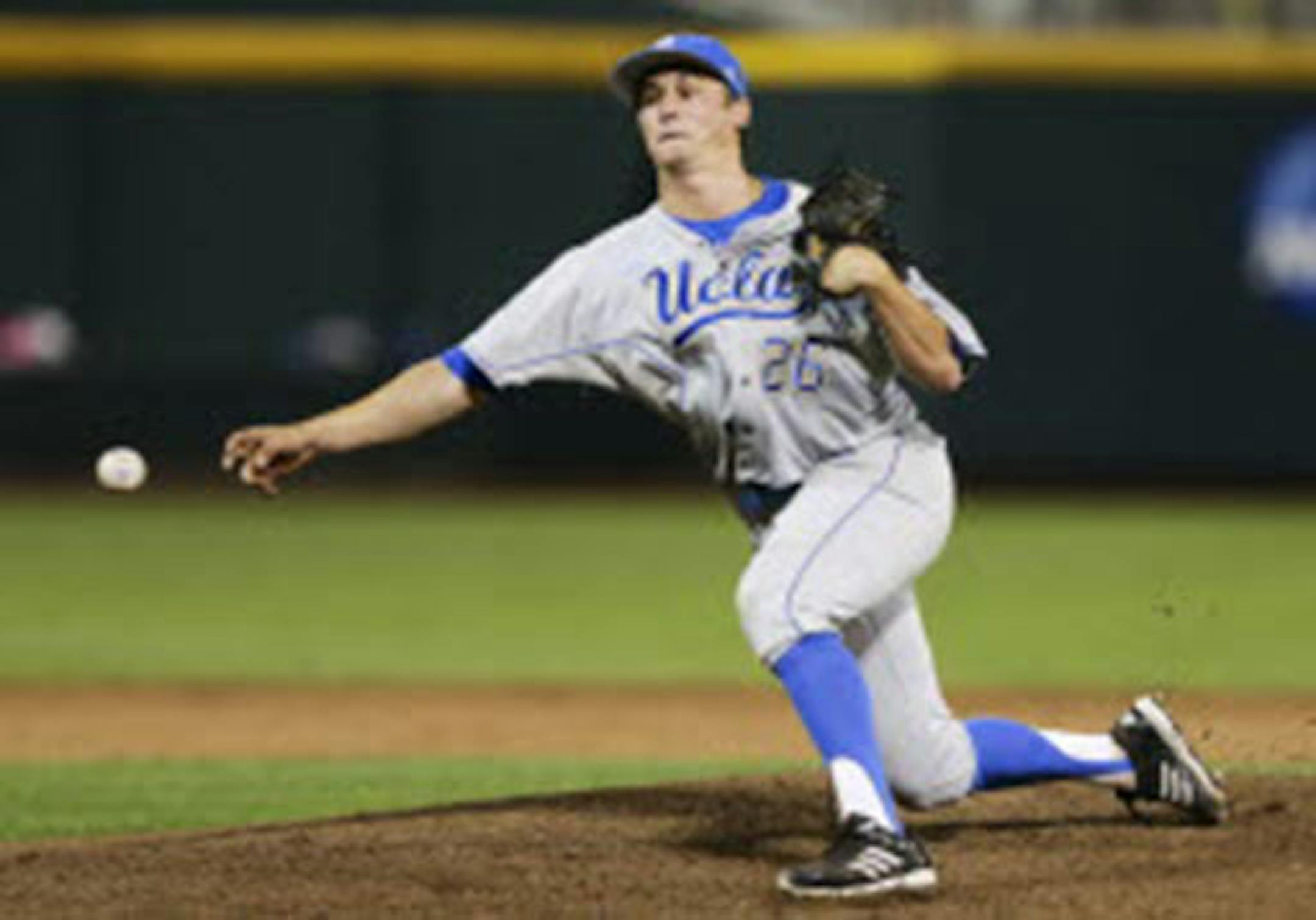 UCLA closer David Berg pitched in the ninth inning against Mississippi State in Game 1 of the College World Series on Monday. Berg got his 24th save as UCLA won 3-1.
