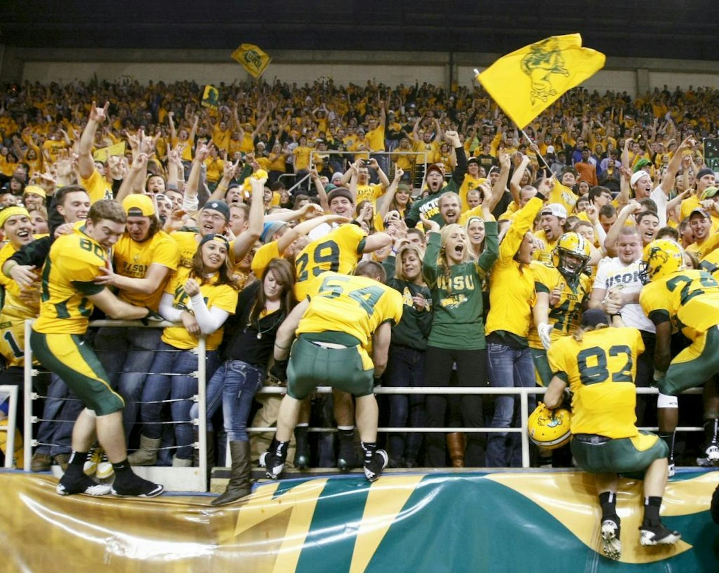 North Dakota State players and fans celebrated a postseason victory in 2012, one of seven years in which the Bison have won the FCS championship.