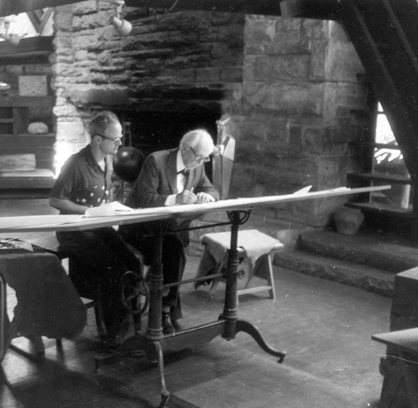 John Howe with his mentor Frank Lloyd Wright, whom he worked with until Wright's death in 1959.