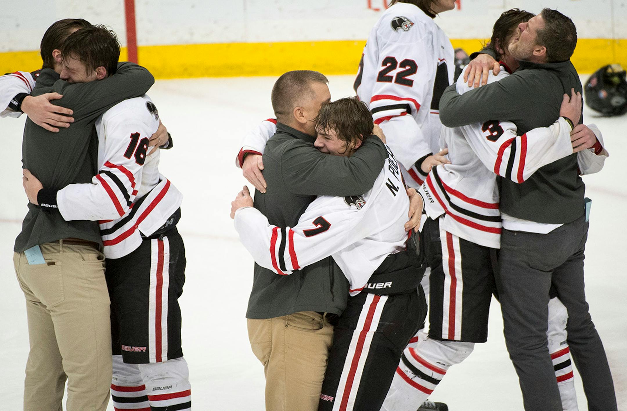 Lakeville North players and coaches celebrate their victory over Duluth East in the 2015 Class 2A title game.