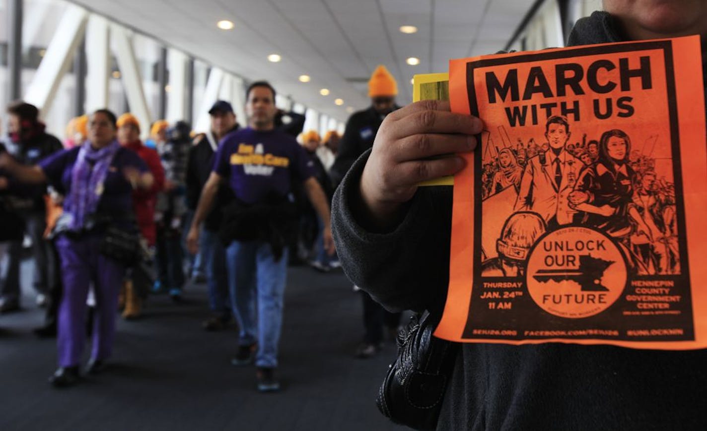 Jan. 22:Around 150-200 Twin Cities janitors and security officers rallied with their allies at the Hennepin County Government Center before marching through the skyways to encourage employers to begin bargaining in good faith.