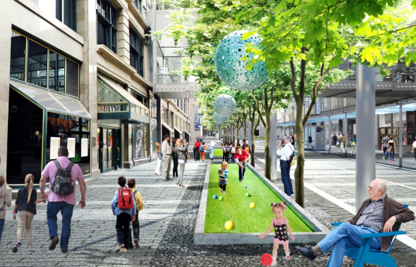 Nicollet Mall's redesign project by James Corner Field Operations in downtown Minneapolis includes an art walk.