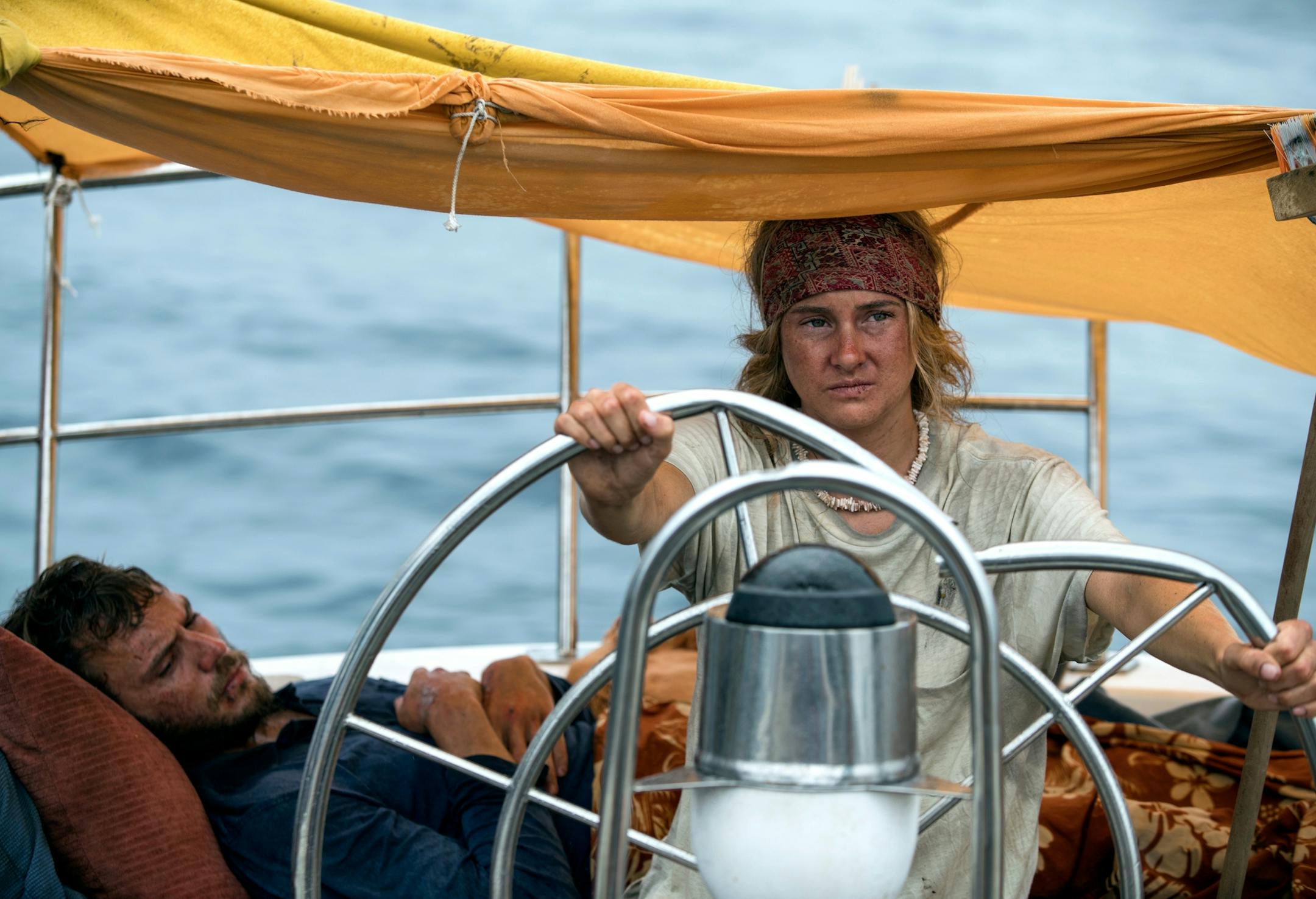 This image released by STXfilms shows Sam Claflin, left, and Shailene Woodley in "Adrift," in theaters on June 1. (Kirsty Griffin/STXfilms via AP)
